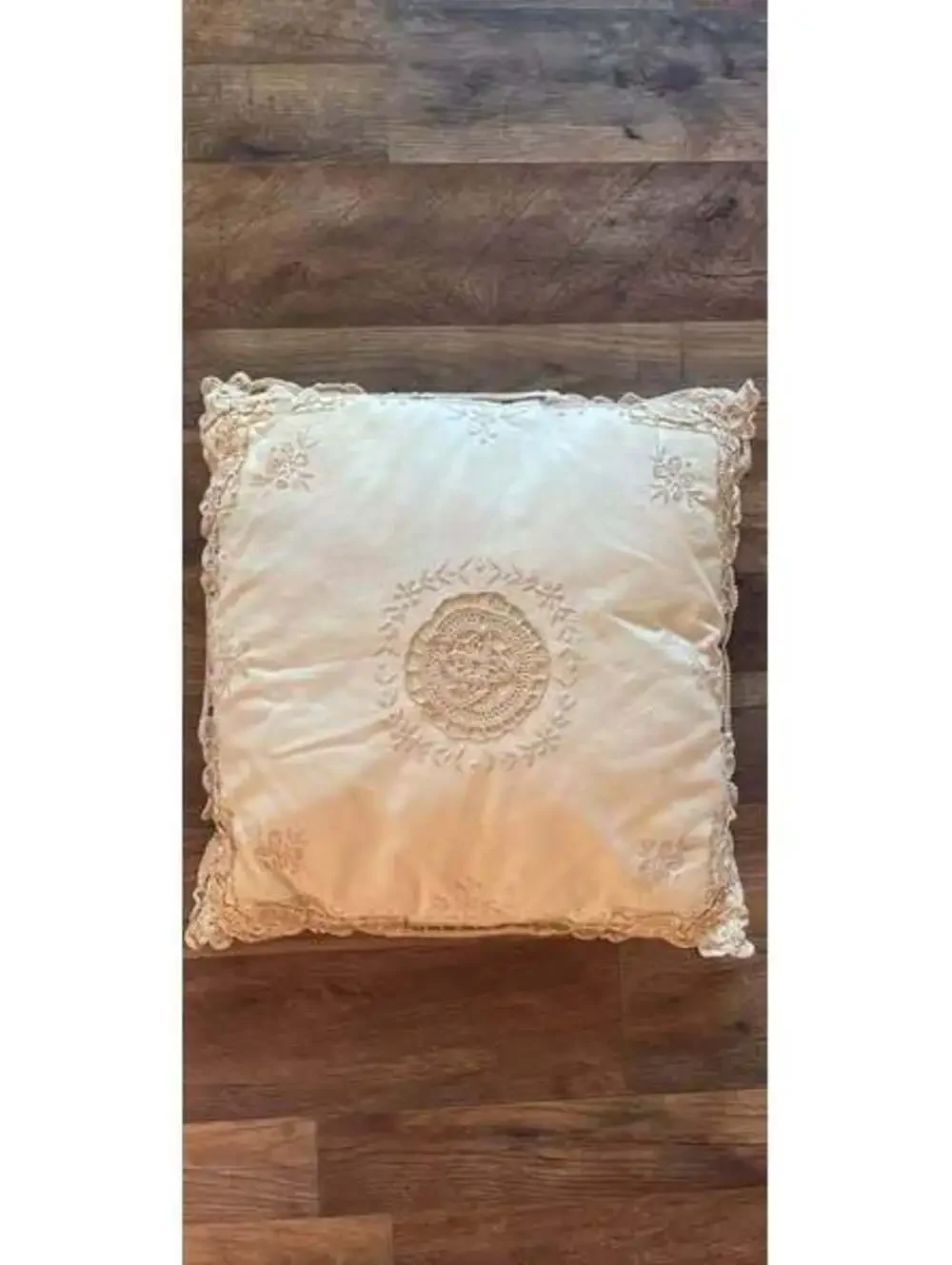 Decorative Pillow with Intricate crocheted Lace and Embroidery